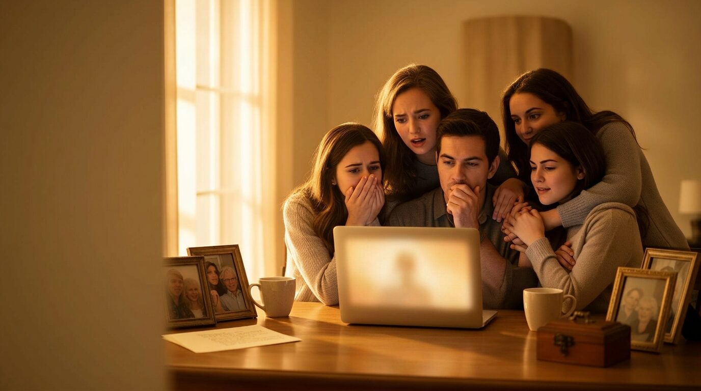 A family gathered together, sharing stories and quiet moments in warm light