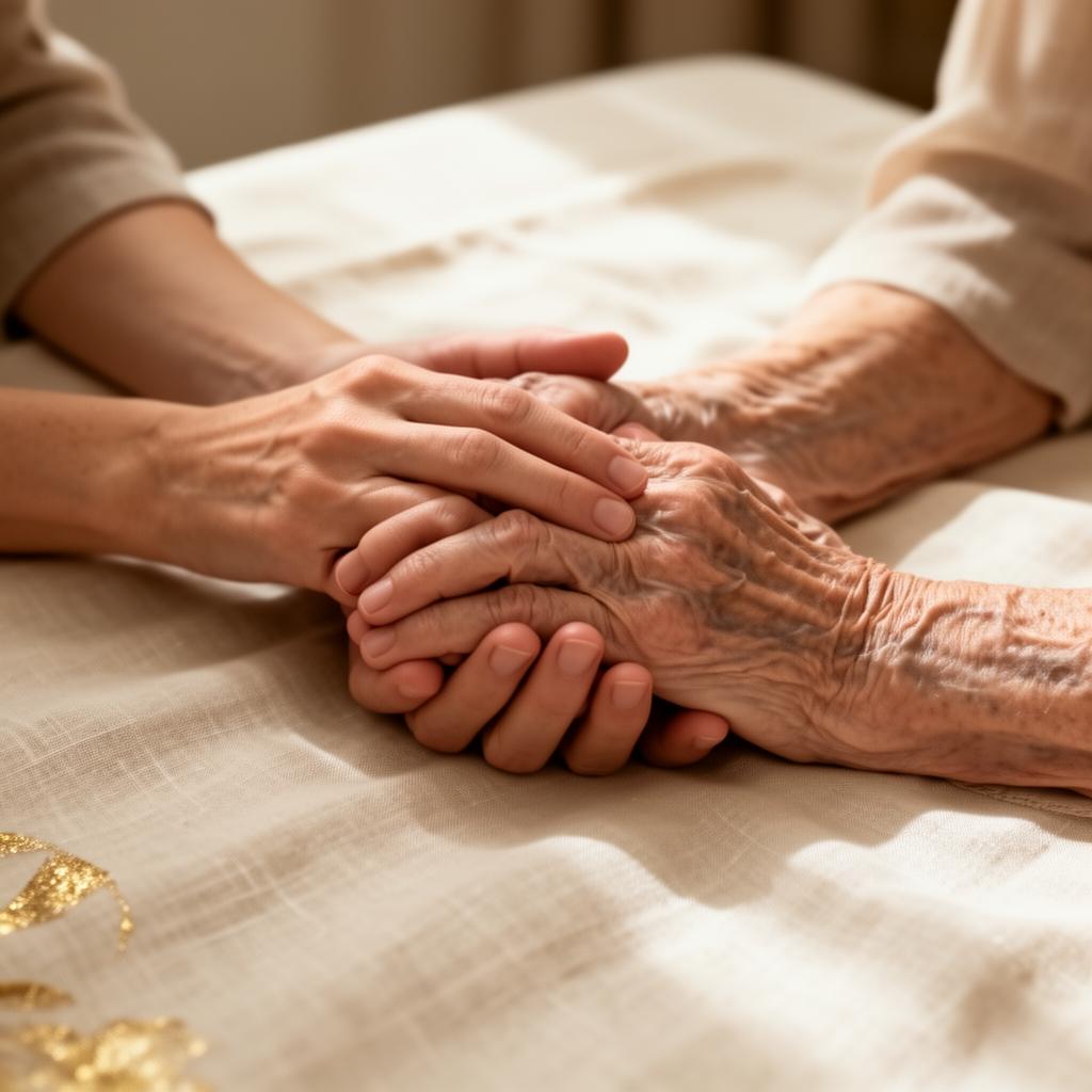 Two hands gently holding an elder's hand in soft window light.