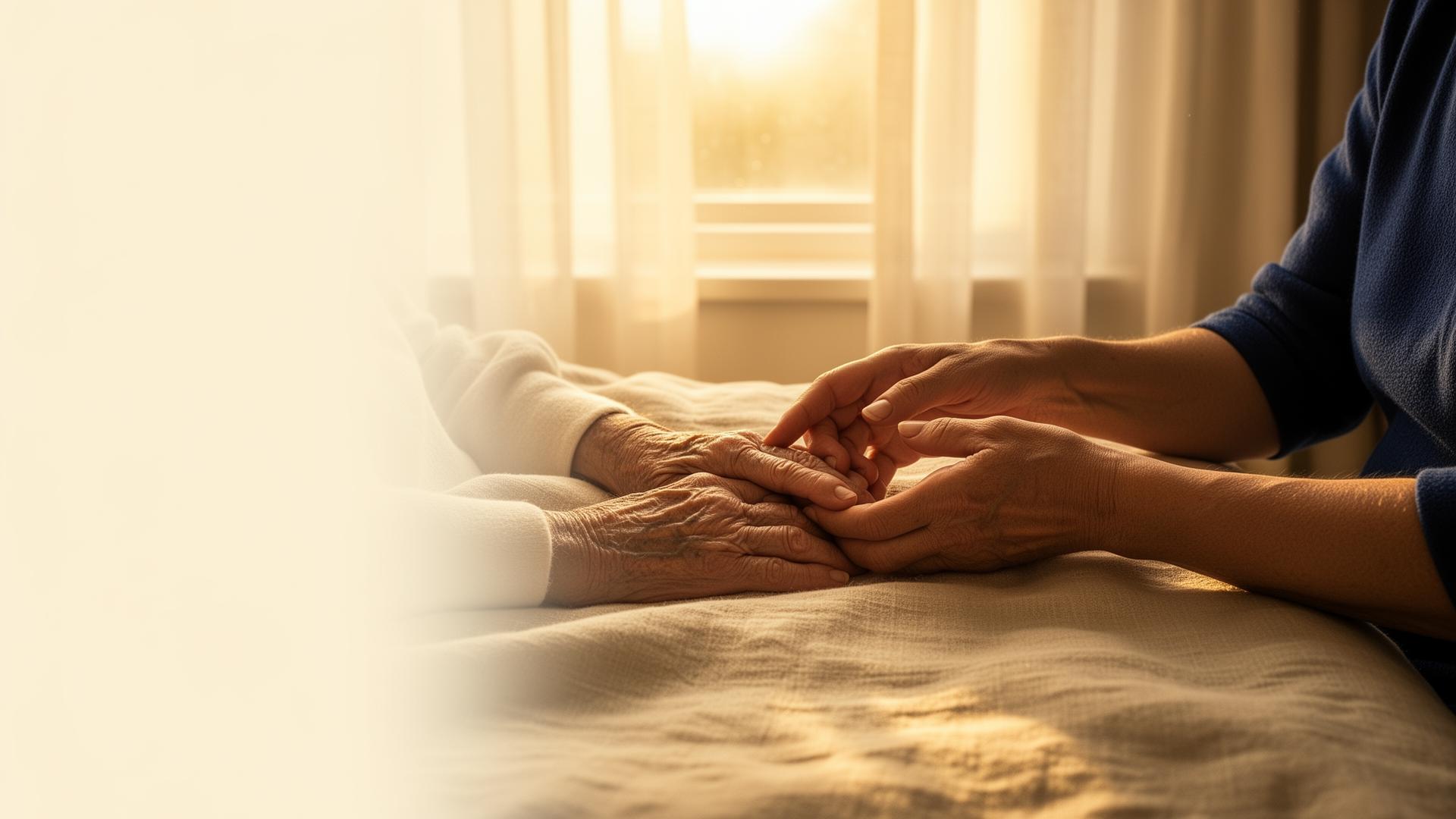 Two hands gently holding an elder's hand on a soft linen blanket in golden window light.