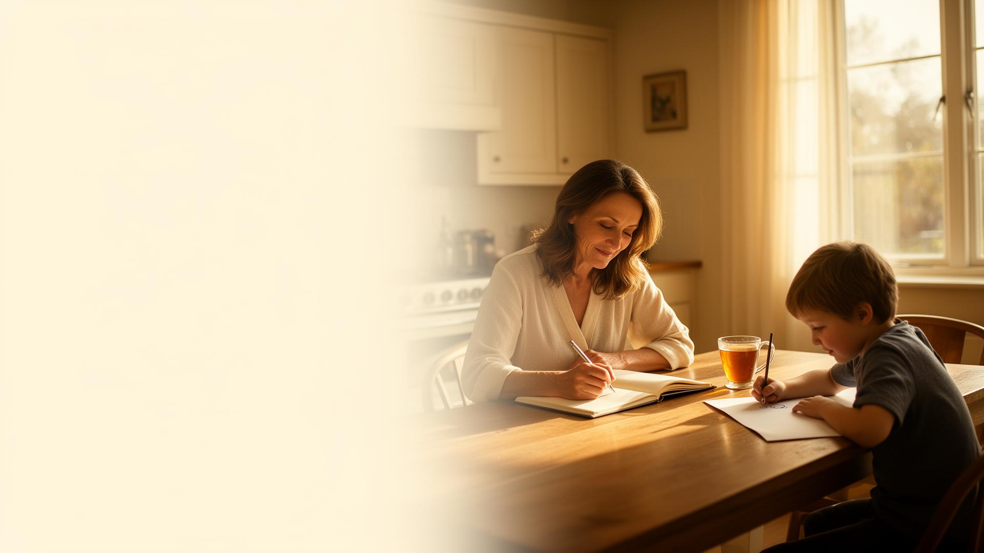 A mother writing thoughtfully in a journal at a sunlit kitchen table while a young child draws nearby.