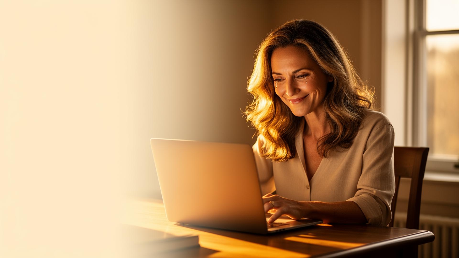 An adult daughter smiling softly with tears of gratitude while looking at a warmly glowing laptop screen in golden-hour light.