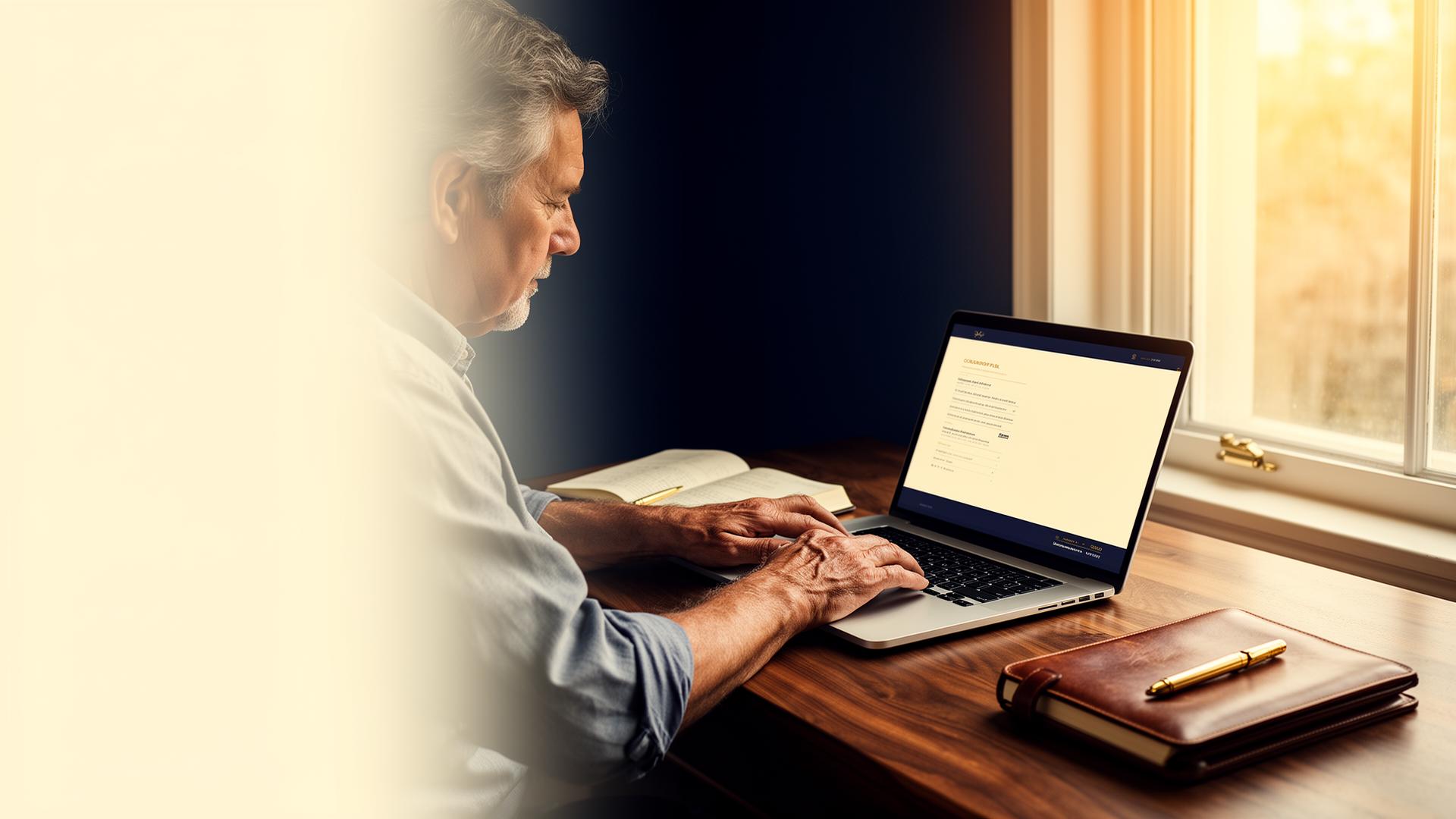 A father writing thoughtfully in a leather journal at a sunlit walnut desk in golden-hour light.