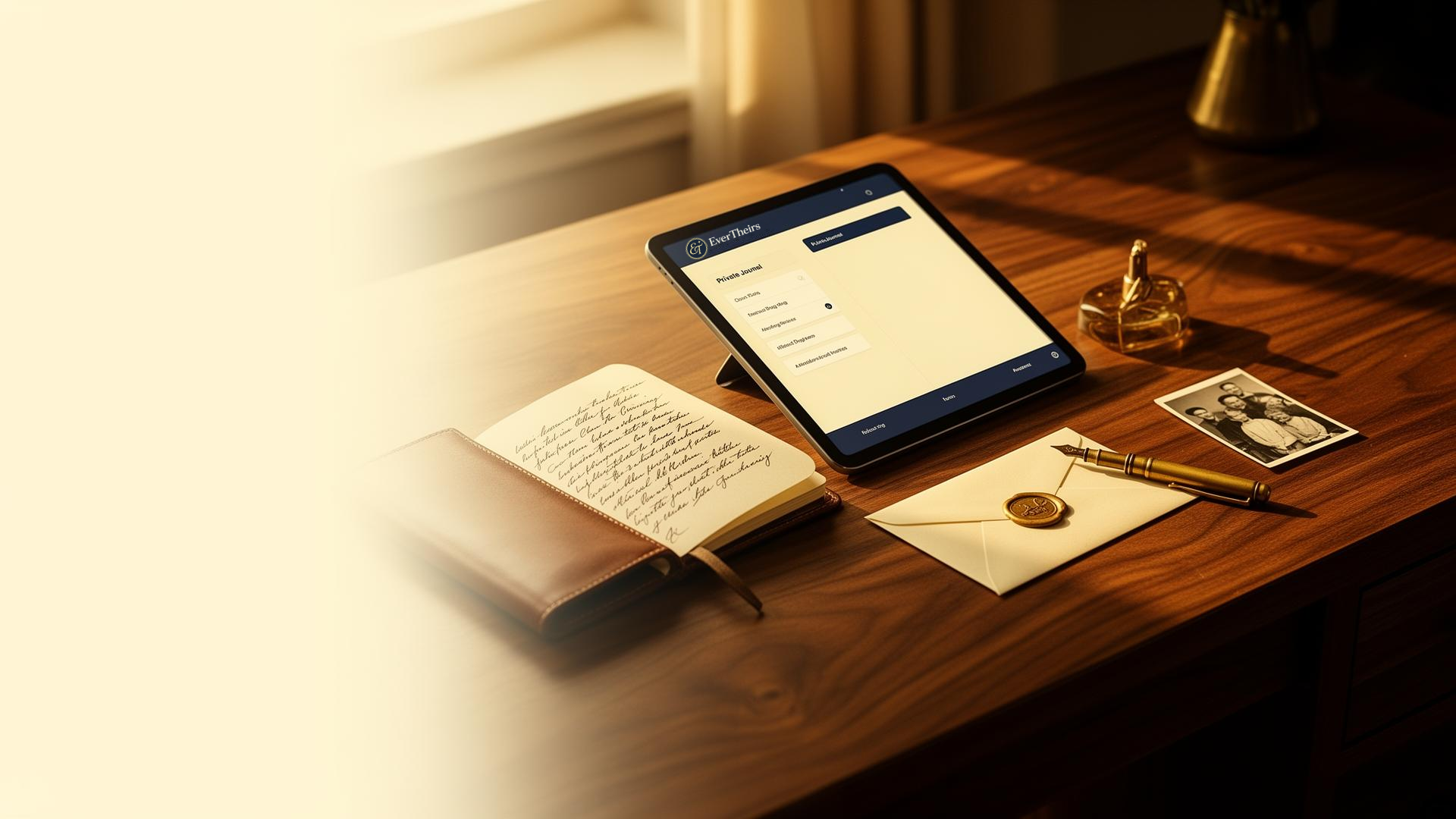 An open leather journal with handwritten notes, a brass fountain pen, a wax-sealed envelope, and a vintage family photograph on a warm walnut desk in golden window light.