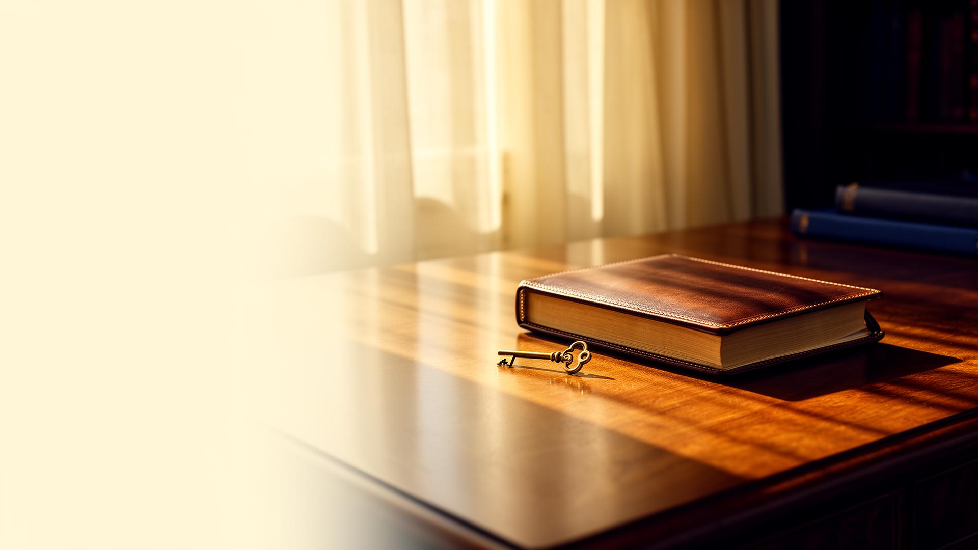 A closed leather journal beside a small brass key on a warm walnut desk in soft golden light, suggesting safekeeping and trust.
