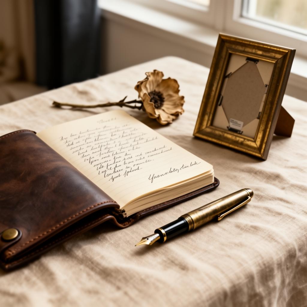 An open leather journal with handwritten notes, a fountain pen, and a vintage frame in soft light.